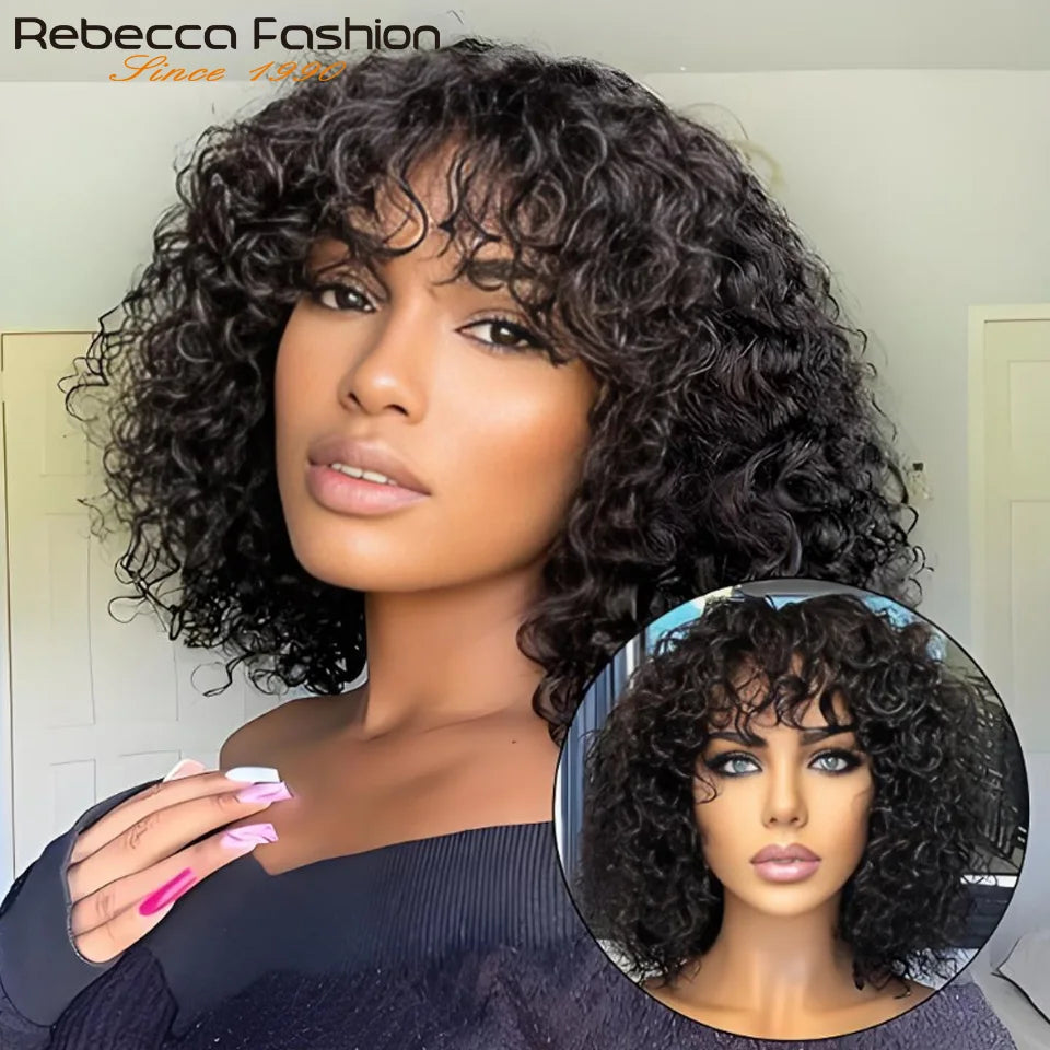 Jerry Curly Short Bob Human Hair Wigs With Bangs Wear To Go Glueless Wig Ombre 99J Water Wave Blonde Colored Wig For Women