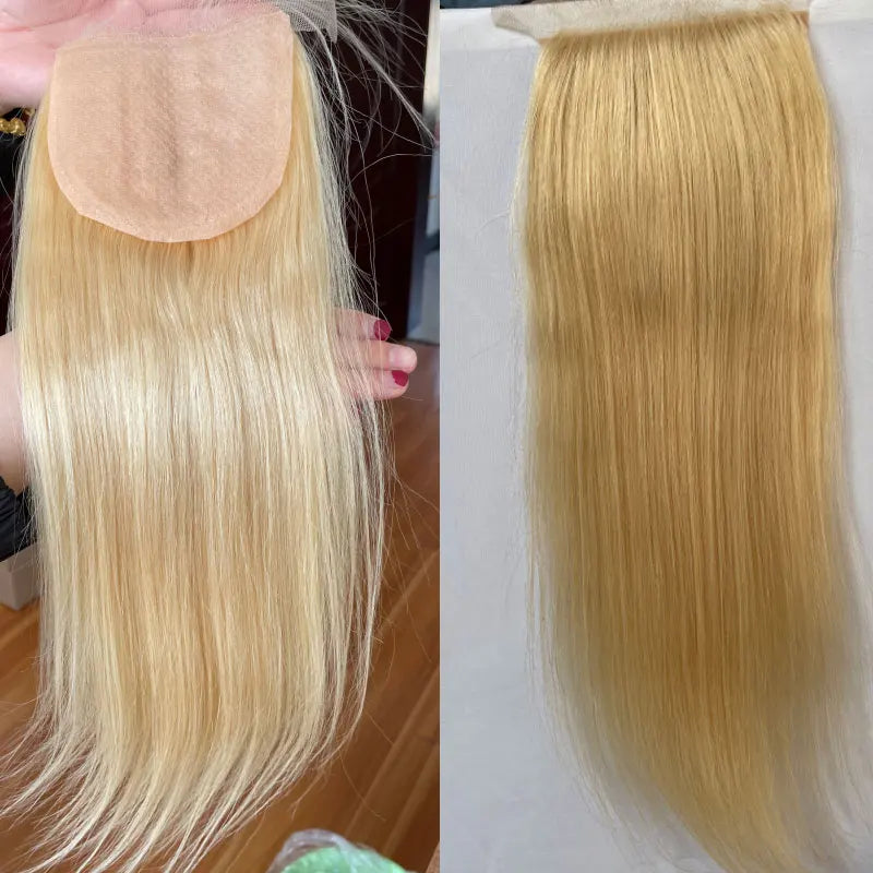 Brazilian Virgin Human Hair Lace Closure For Women Silk Base Top Straight Natural Blonde, Free Part Closure 4x4 "#613 Color