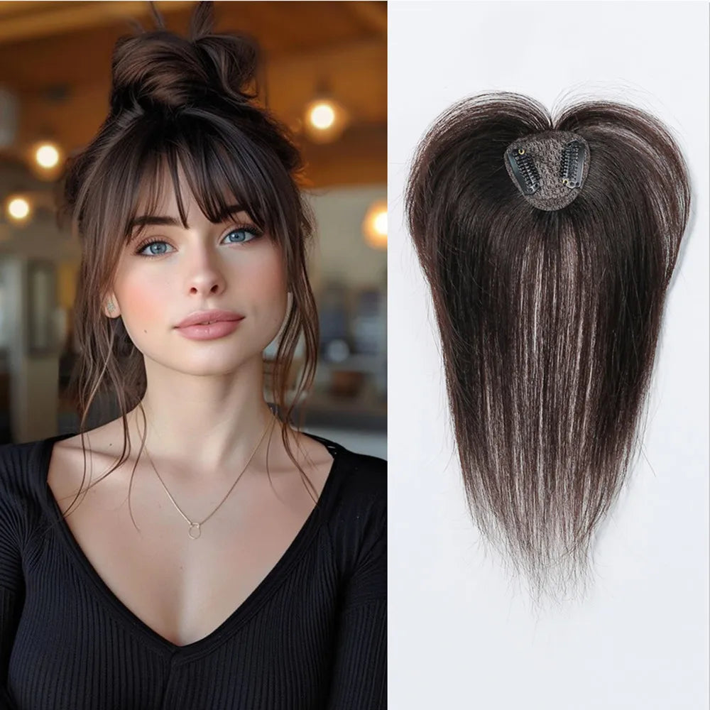 100% Remy Human Hair Toppers with Bangs Light Brown Hairpieces 3D Wispy Bangs for Women Thin Hair Real Human Hair Topper Clip In