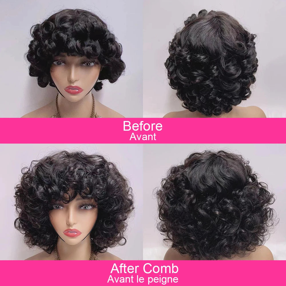 Ready to Wear Funmi Curly Full Machine Made Short Bob Wig with Bangs Glueless Loose Curly Vietnamese Human Hair Wigs for Women