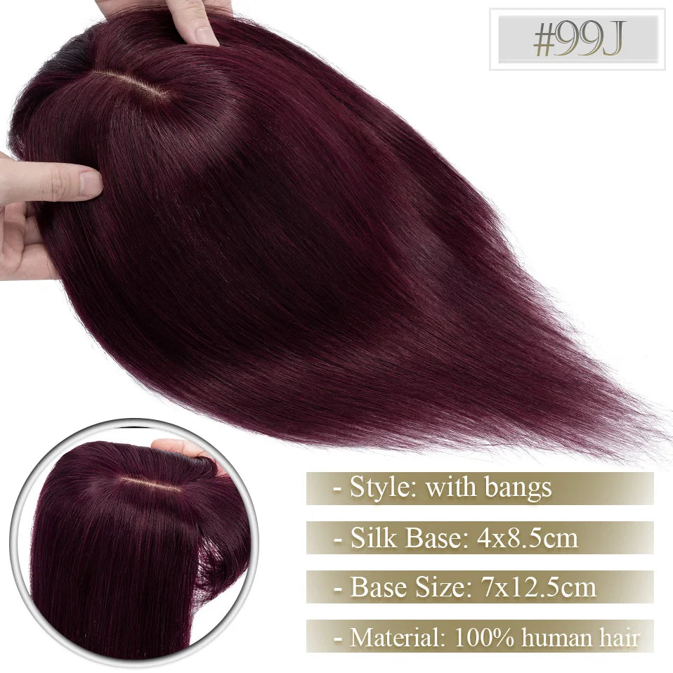 TESS Women Topper 7x12.5cm Hair Toppers With Bangs Natural Hair Wig Human Hair Silk Base Center Part Hair Clip In Hair Extension