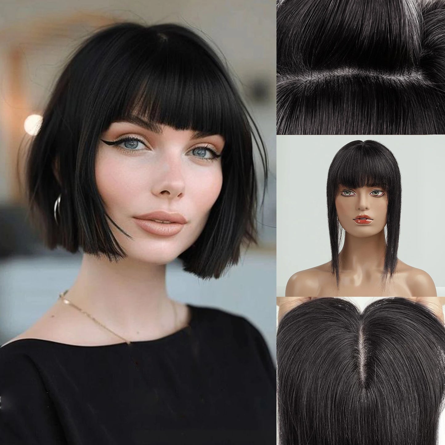 14 inch Hair Toppers for Women Brown Blonde Ombre Human Hair Toppers Silk Base Clips in Hair Extension Blonde Topper With Bangs