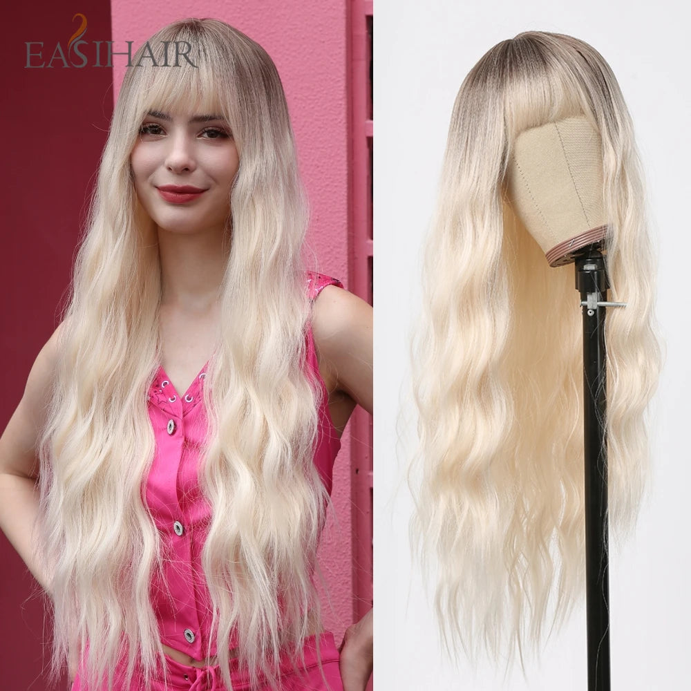 Dark Brown Synthetic Wigs with Bangs Long Curly Wavy Brown Wigs with Blonde Highlights for Afro Women Daily Party Heat Resistant