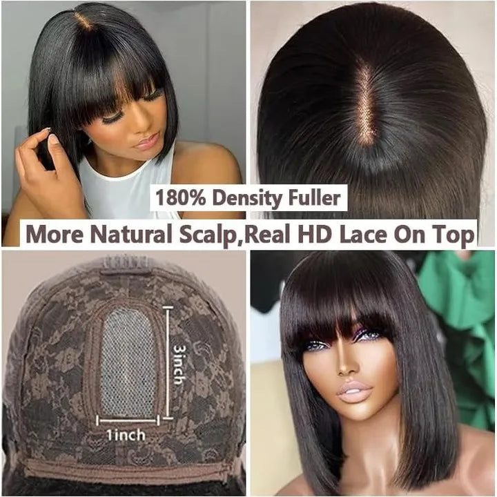 Glueless Straight Human Hair Wig With Bangs Short Bob Wig Human Hair Pre Plucked Brazilian Black Hair For Women Ready To Wear
