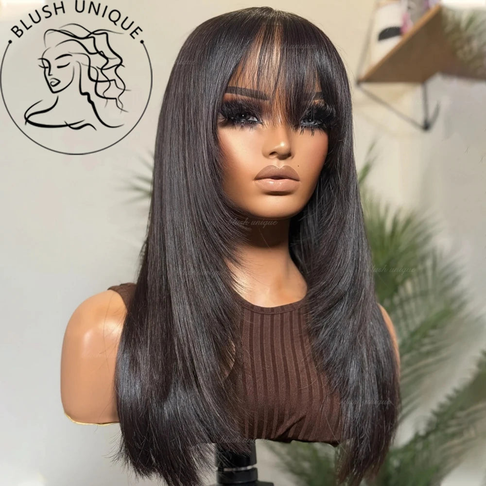 Reddish Brown Straight Layered Cut Lace Wigs with Bangs HD Lace Fake Scalp Synthetic Natural Layered Lace Front Wig Glueless Wig