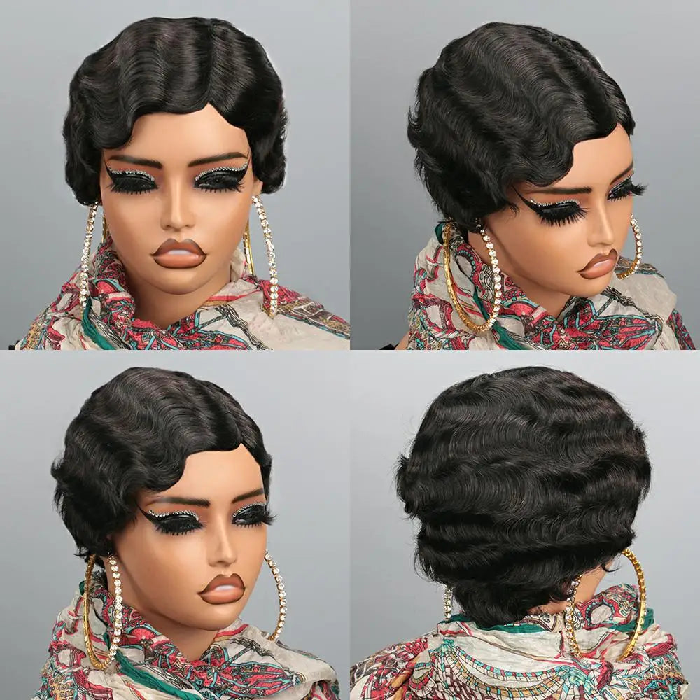Short Pixie Cut Wigs For Black Women Finger Ocean Wave Human Hair Wigs With Bangs Short Layered Pixie Wigs Full Machine Made Wig