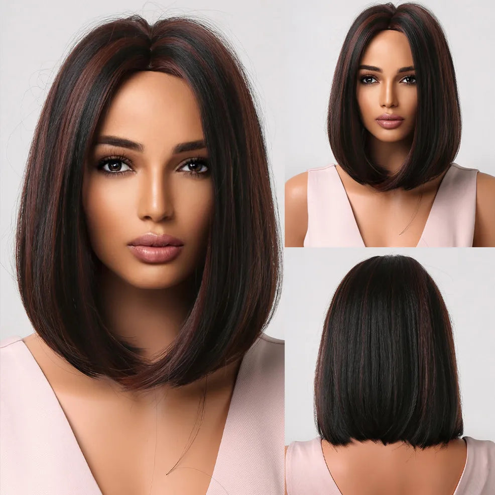 LOUIS FERRE Short Straight Synthetic Wigs for Women Brown Bob Wigs with Bangs Daily Cosplay Medium Length Heat Resistant Hair