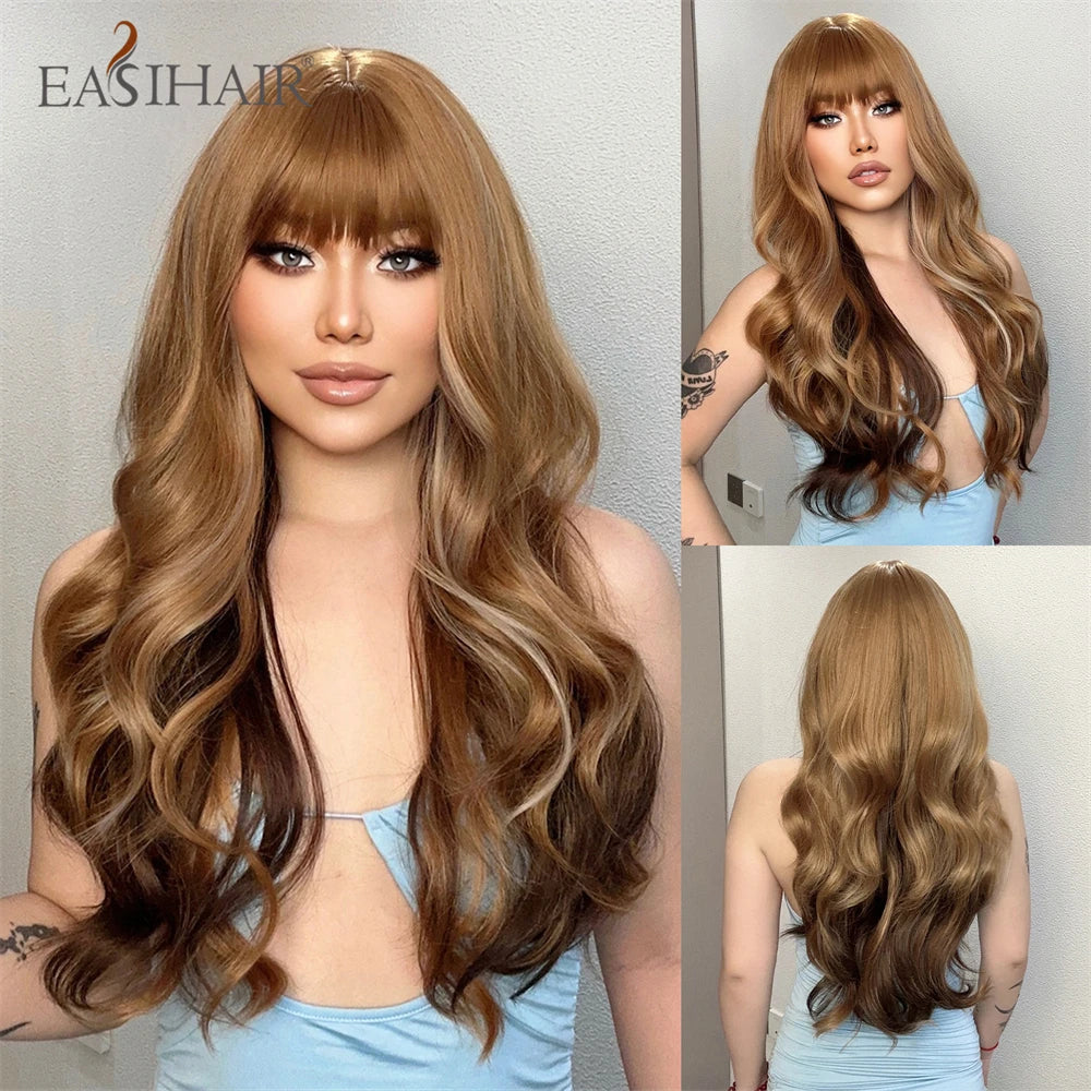 Ombre Light Brown Wigs with Bangs Blonde Highlight Long Curly Wavy Synthetic Wigs for Women Daily Cosplay Party Heat Resistant