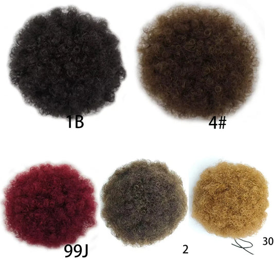 100% Human Hair Afro Puff Drawstring Ponytail Short Curly Afro Bun Hair Extension Natural Black 1B# Hairpiece with Two Clips
