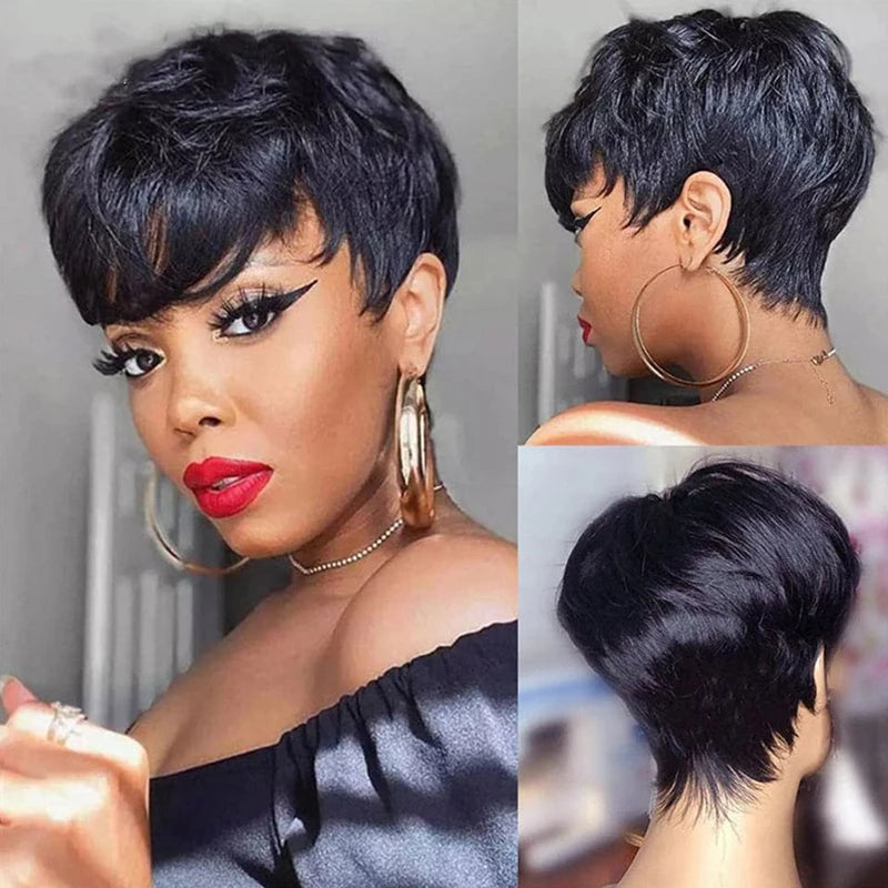 Layered Pixie Wig Human Hair For Black Women Full Machine Made Wigs With Bangs Short Bob Pixie Cut Brazilian Human Hair Wigs