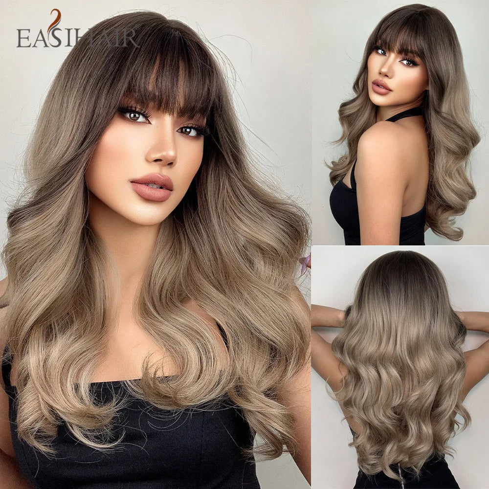 EASIHAIR Ash Blonde Wavy Cosplay Wigs with Bangs Natural Long Synthetic Hairs for Women Lolita Party Heat Resistant Fibers Wig