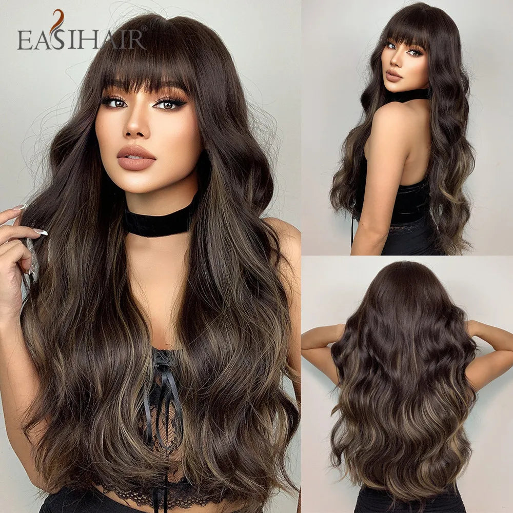 EASIHAIR Ash Blonde Wavy Cosplay Wigs with Bangs Natural Long Synthetic Hairs for Women Lolita Party Heat Resistant Fibers Wig