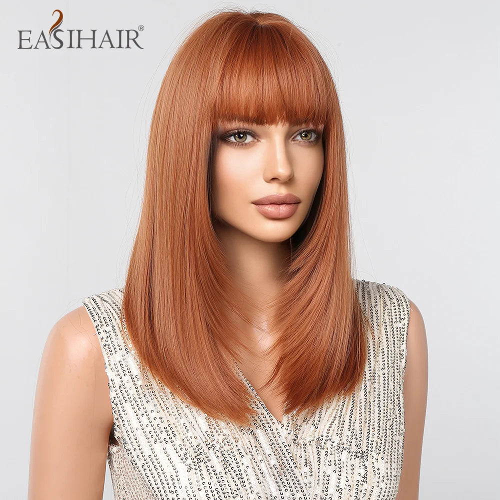 EASIHAIR Copper Ginger Synthetic Wigs with Bangs Medium Length Straight Hair Wig for Women Daily Cosplay Natural Heat Resistant