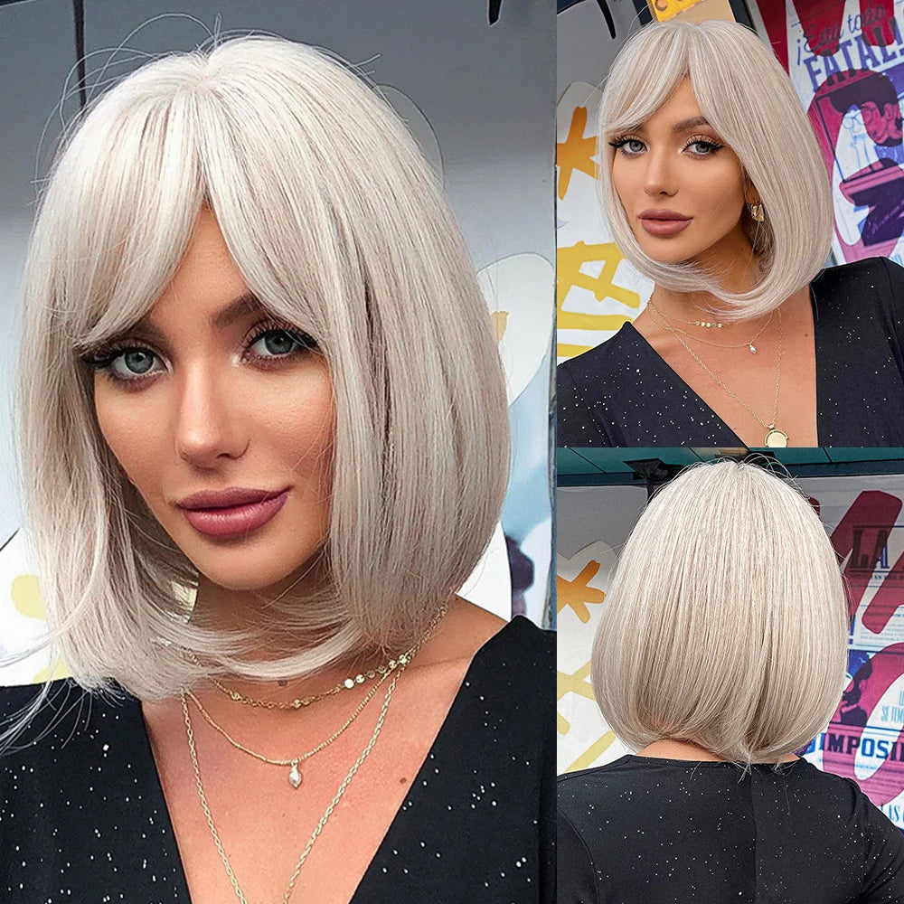 ALAN EATON Platinum Blonde Synthetic Wigs for Women Hihlight Short Straight Bob Wig with Bangs Daily/Party Hair Heat Resisitant
