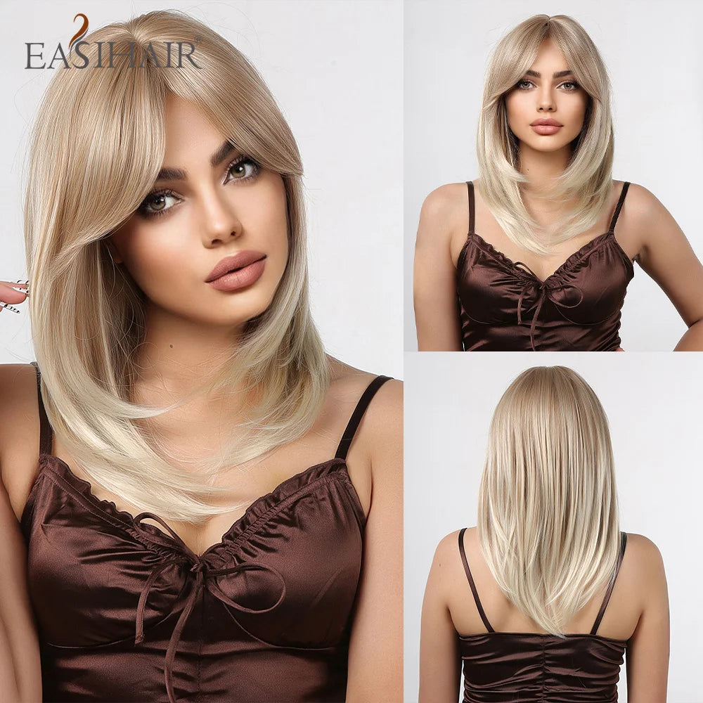 EASIHAIR Copper Ginger Synthetic Wigs with Bangs Medium Length Straight Hair Wig for Women Daily Cosplay Natural Heat Resistant
