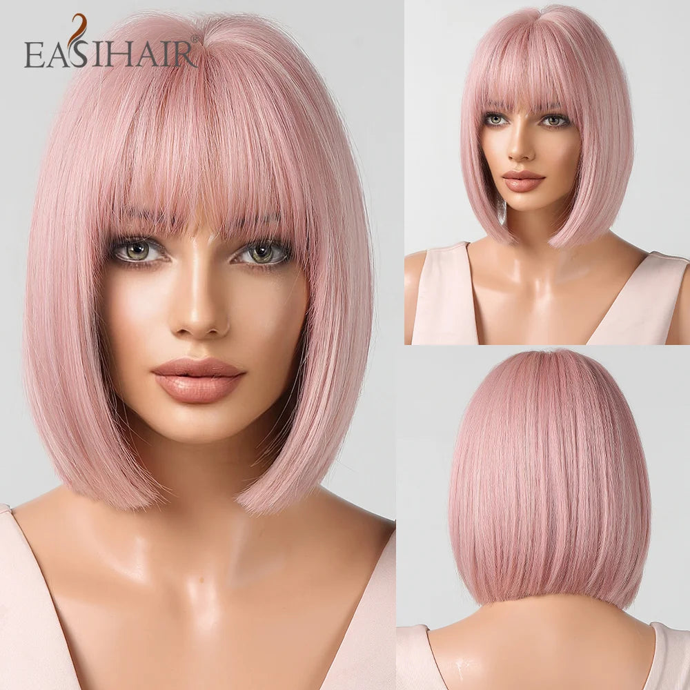 EASIHAIR Copper Ginger Synthetic Wigs with Bangs Medium Length Straight Hair Wig for Women Daily Cosplay Natural Heat Resistant