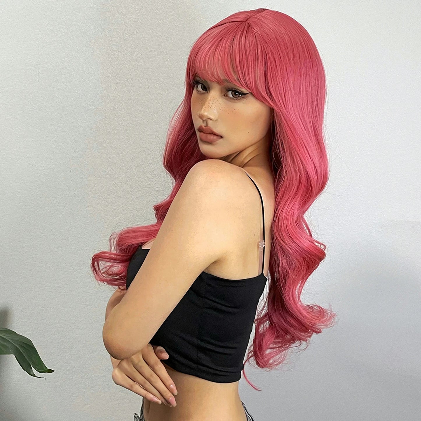 Pink Red Long Curly Wavy Synthetic Wigs Lolita Cosplay Hair With Bangs for Women Natural Water Wave Party Heat Resistant Wig