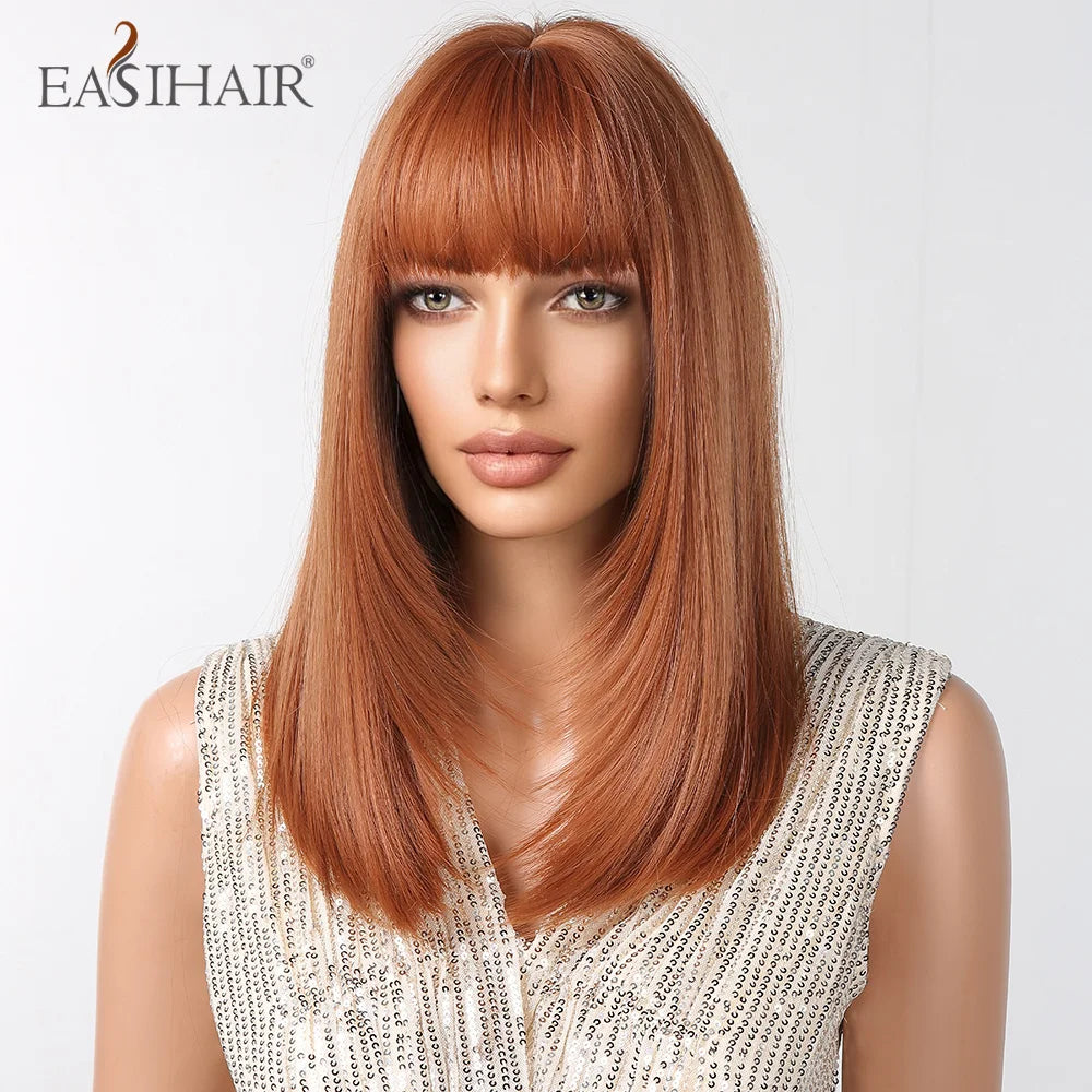EASIHAIR Copper Ginger Synthetic Wigs with Bangs Medium Length Straight Hair Wig for Women Daily Cosplay Natural Heat Resistant