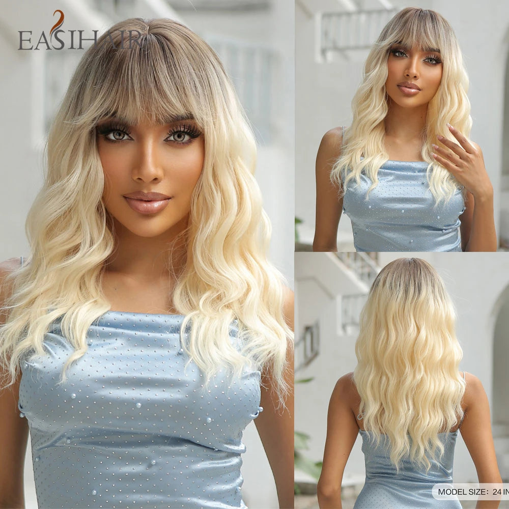EASIHAIR Ash Blonde Wavy Cosplay Wigs with Bangs Natural Long Synthetic Hairs for Women Lolita Party Heat Resistant Fibers Wig