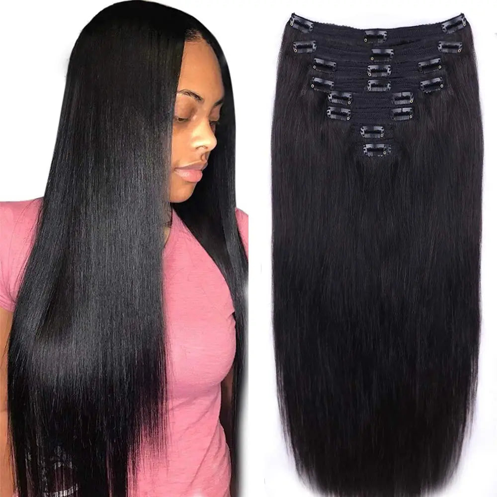 Women Straight Human Hair Clip In Hair Extensions  100% Unprocessed Full Head Brazilian Virgin Hair Natural 8Pcs With 120 Gram