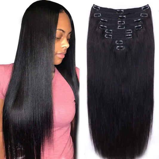Women Straight Human Hair Clip In Hair Extensions  100% Unprocessed Full Head Brazilian Virgin Hair Natural 8Pcs With 120 Gram