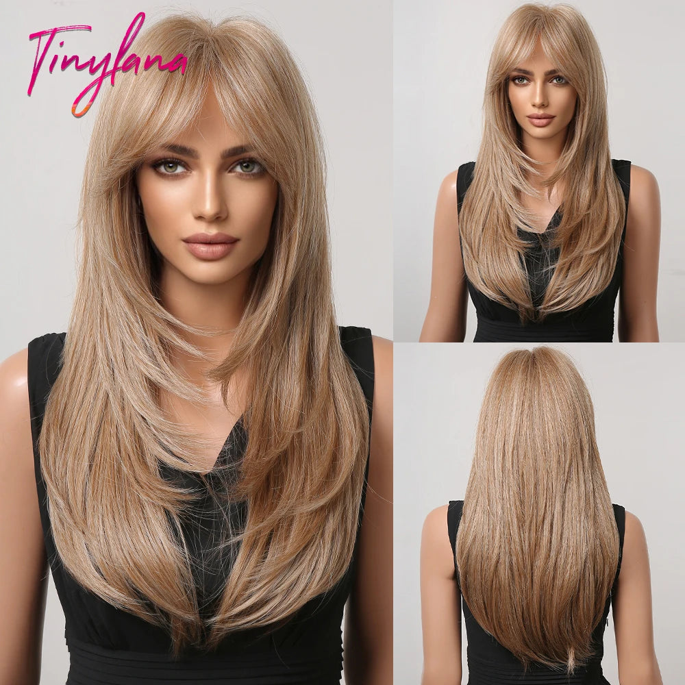 Gray Ash Blonde Pink Highlight Synthetic Hair Wigs with Bangs Long Straight Ombre Cosplay Wig for Women Natural Layered Hair