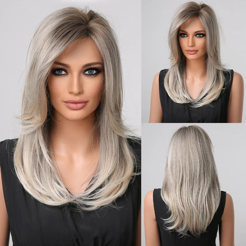 Gray Ash Blonde Pink Highlight Synthetic Hair Wigs with Bangs Long Straight Ombre Cosplay Wig for Women Natural Layered Hair