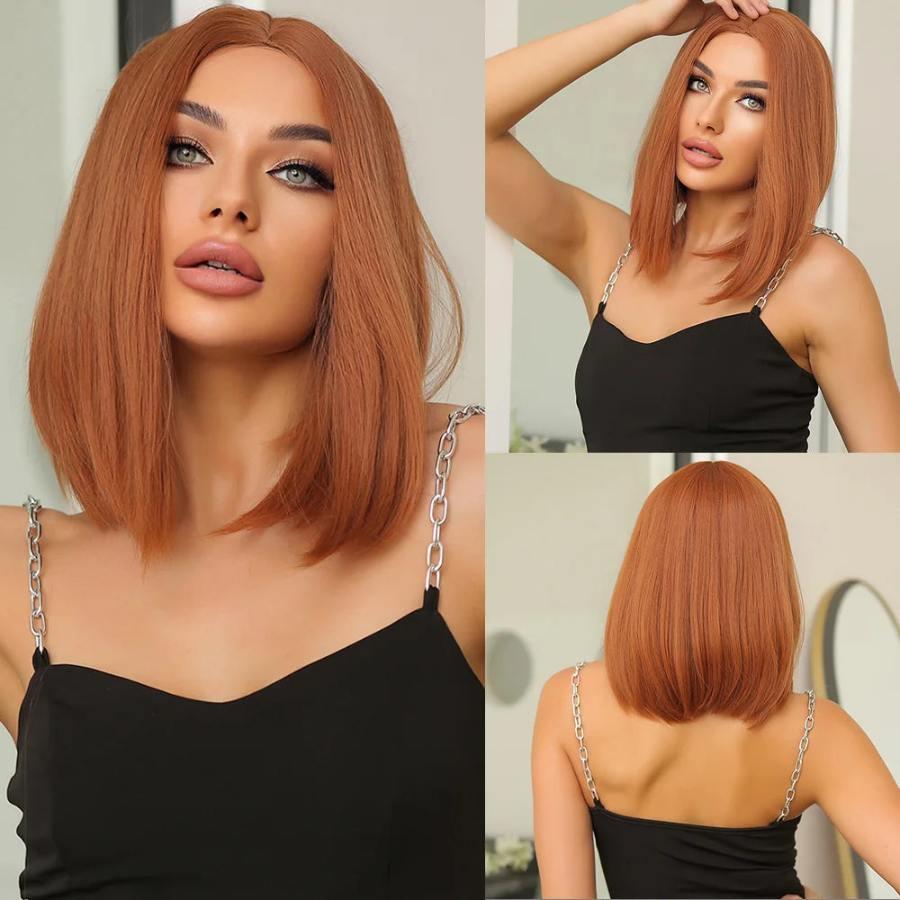 Short Straight Synthetic Wigs Black Mixed Ginger Orange Wigs for Women Natural Hair With Bangs Heat Resistant Daily Cosplay Wigs