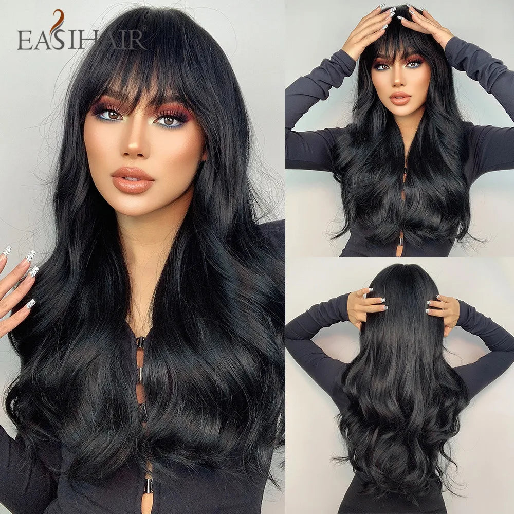 EASIHAIR Ash Blonde Wavy Cosplay Wigs with Bangs Natural Long Synthetic Hairs for Women Lolita Party Heat Resistant Fibers Wig