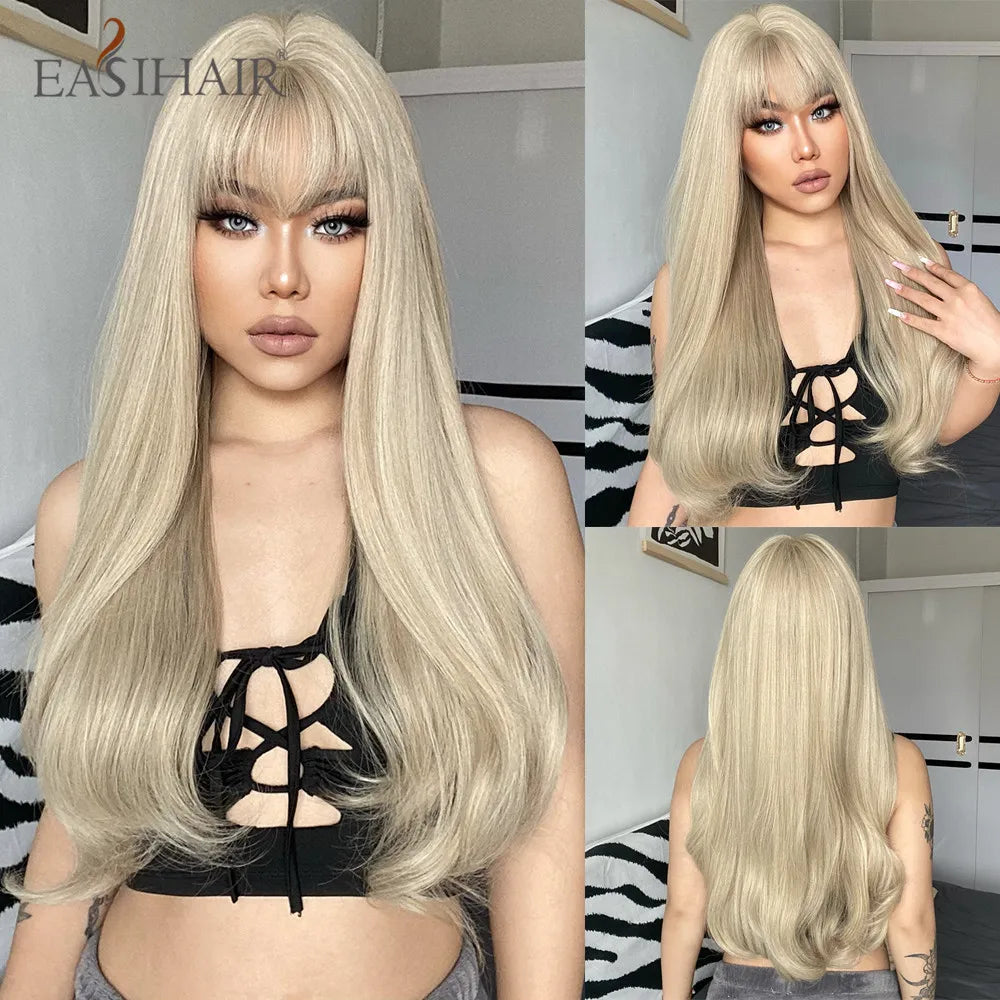 EASIHAIR Ash Blonde Wavy Cosplay Wigs with Bangs Natural Long Synthetic Hairs for Women Lolita Party Heat Resistant Fibers Wig