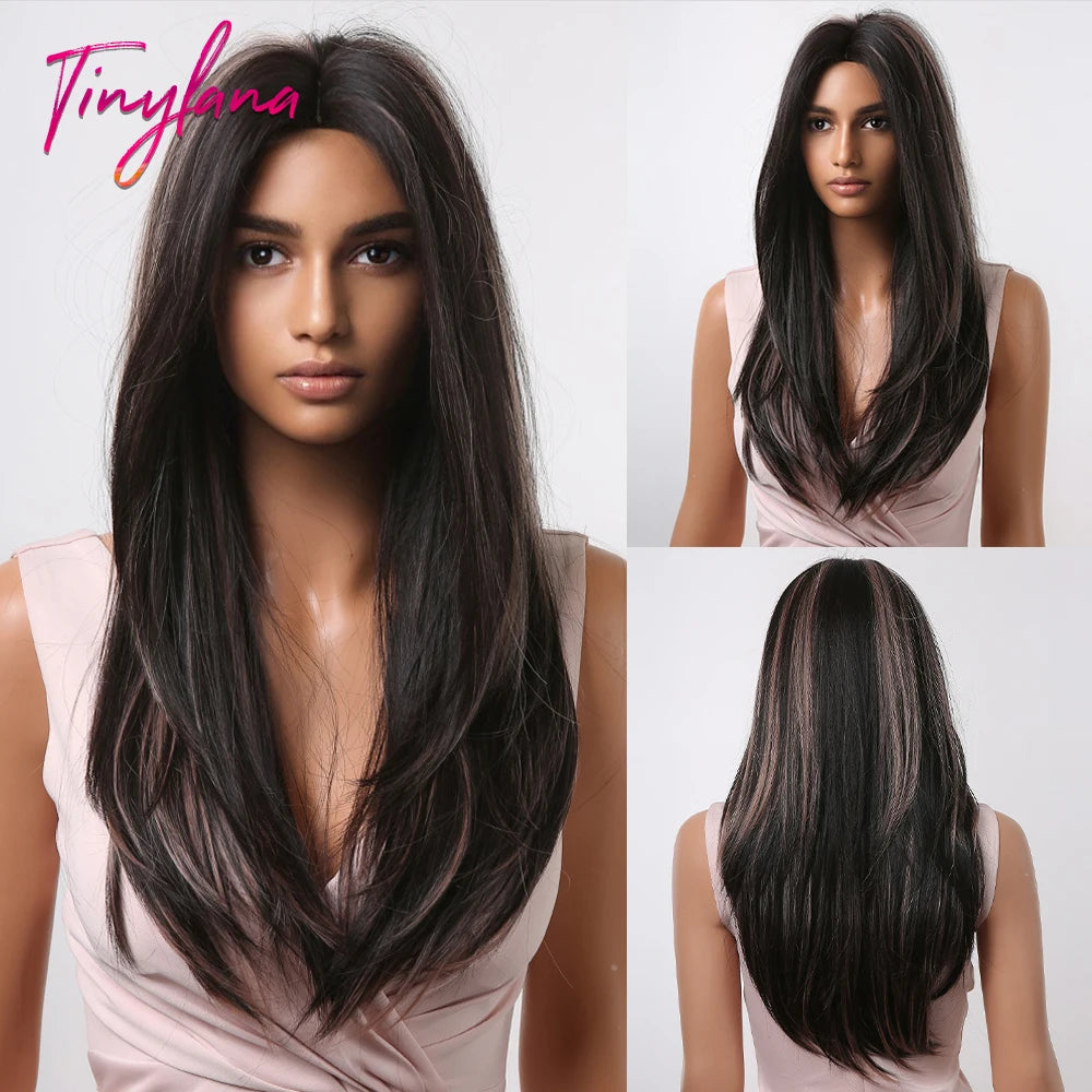 Gray Ash Blonde Pink Highlight Synthetic Hair Wigs with Bangs Long Straight Ombre Cosplay Wig for Women Natural Layered Hair