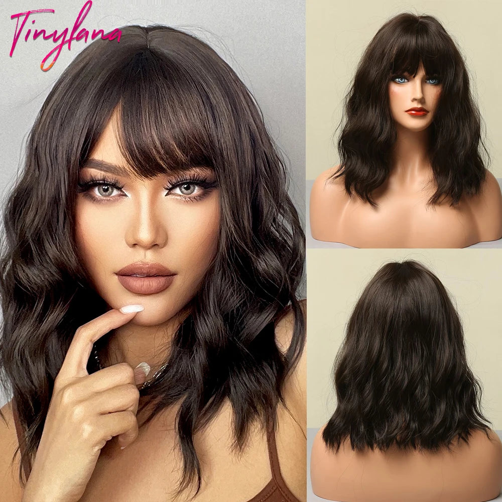Rose Blonde Brown Short Bob Synthetic Wigs with Bangs Ash Blonde Natural Loose Wave Wig for Women Cosplay Heat Resistant Hair