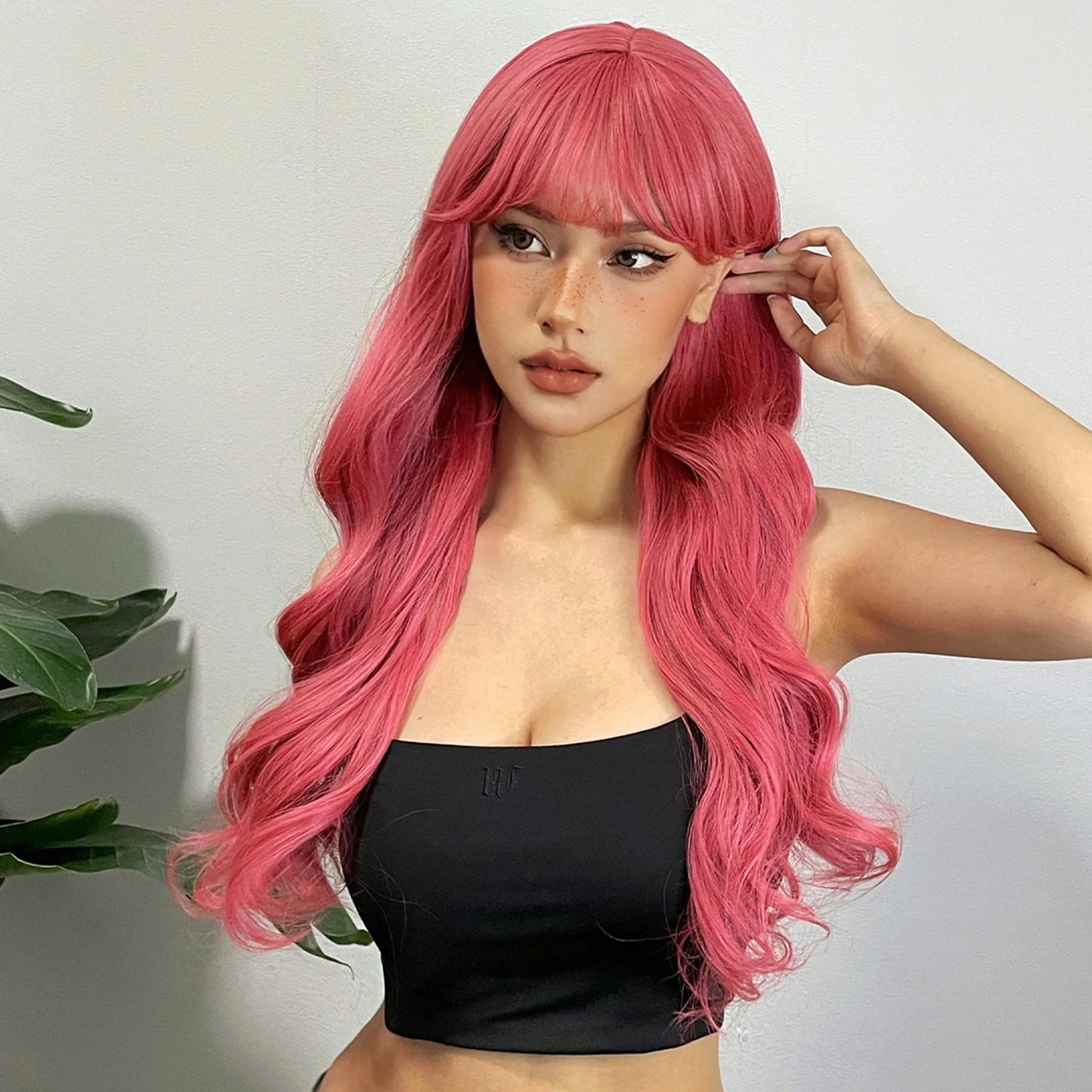 Pink Red Long Curly Wavy Synthetic Wigs Lolita Cosplay Hair With Bangs for Women Natural Water Wave Party Heat Resistant Wig