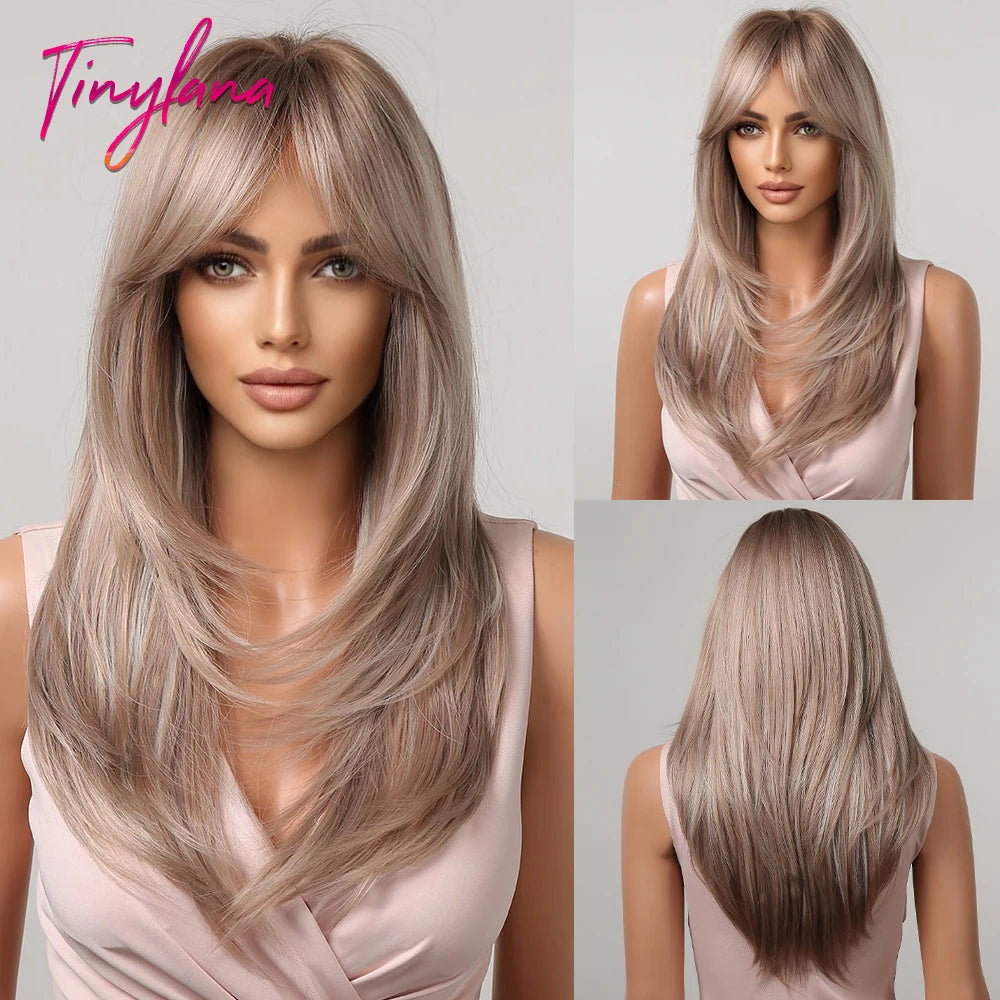 Gray Ash Blonde Pink Highlight Synthetic Hair Wigs with Bangs Long Straight Ombre Cosplay Wig for Women Natural Layered Hair