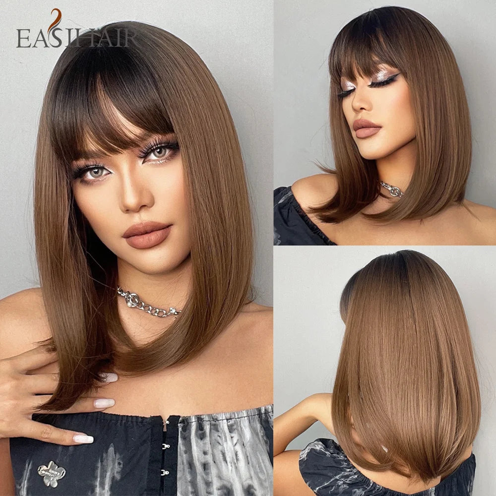 EASIHAIR Copper Ginger Synthetic Wigs with Bangs Medium Length Straight Hair Wig for Women Daily Cosplay Natural Heat Resistant