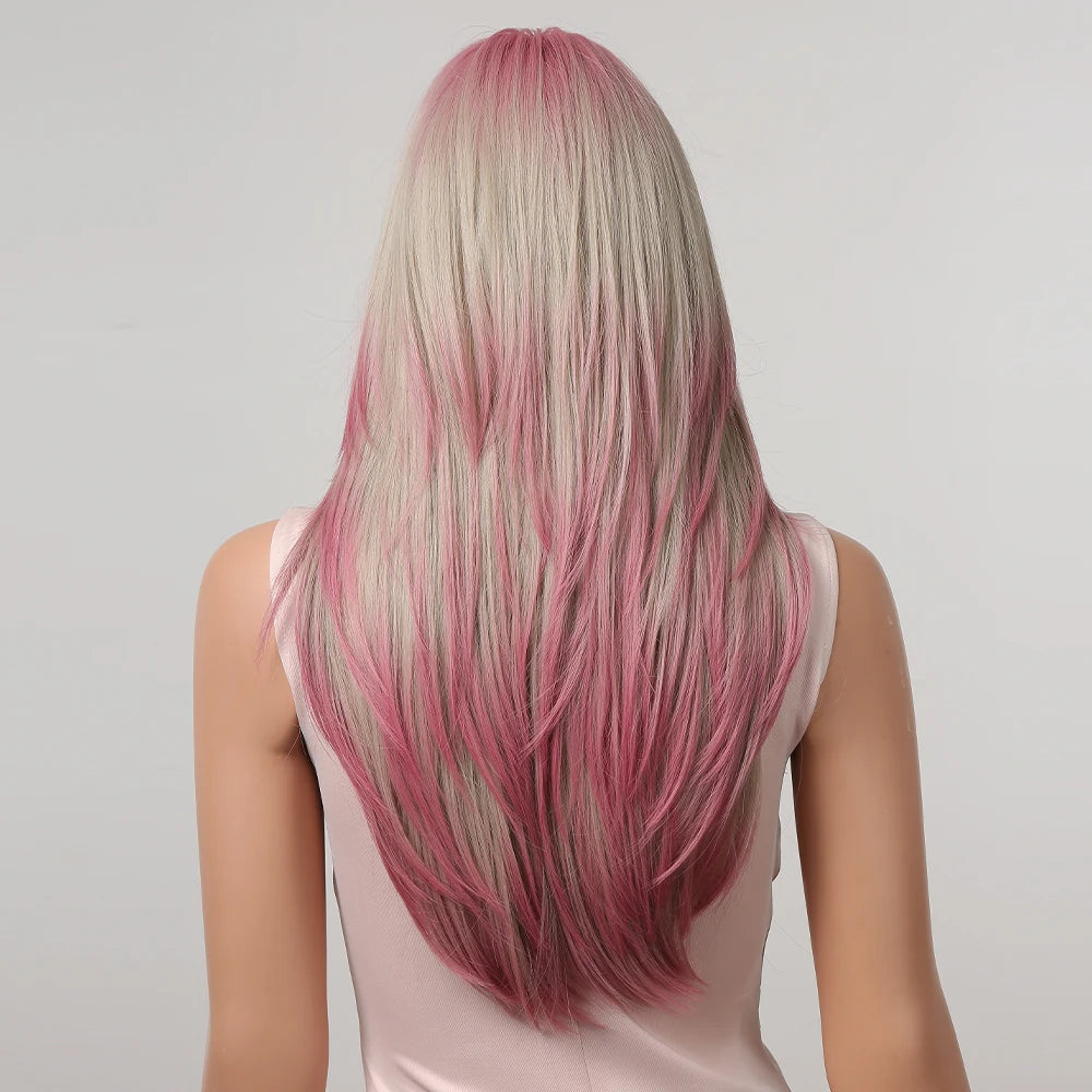 Gray Ash Blonde Pink Highlight Synthetic Hair Wigs with Bangs Long Straight Ombre Cosplay Wig for Women Natural Layered Hair
