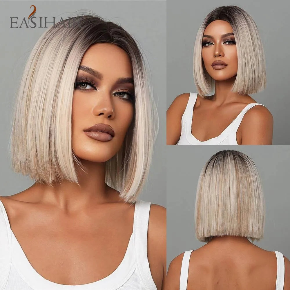 EASIHAIR Copper Ginger Synthetic Wigs with Bangs Medium Length Straight Hair Wig for Women Daily Cosplay Natural Heat Resistant