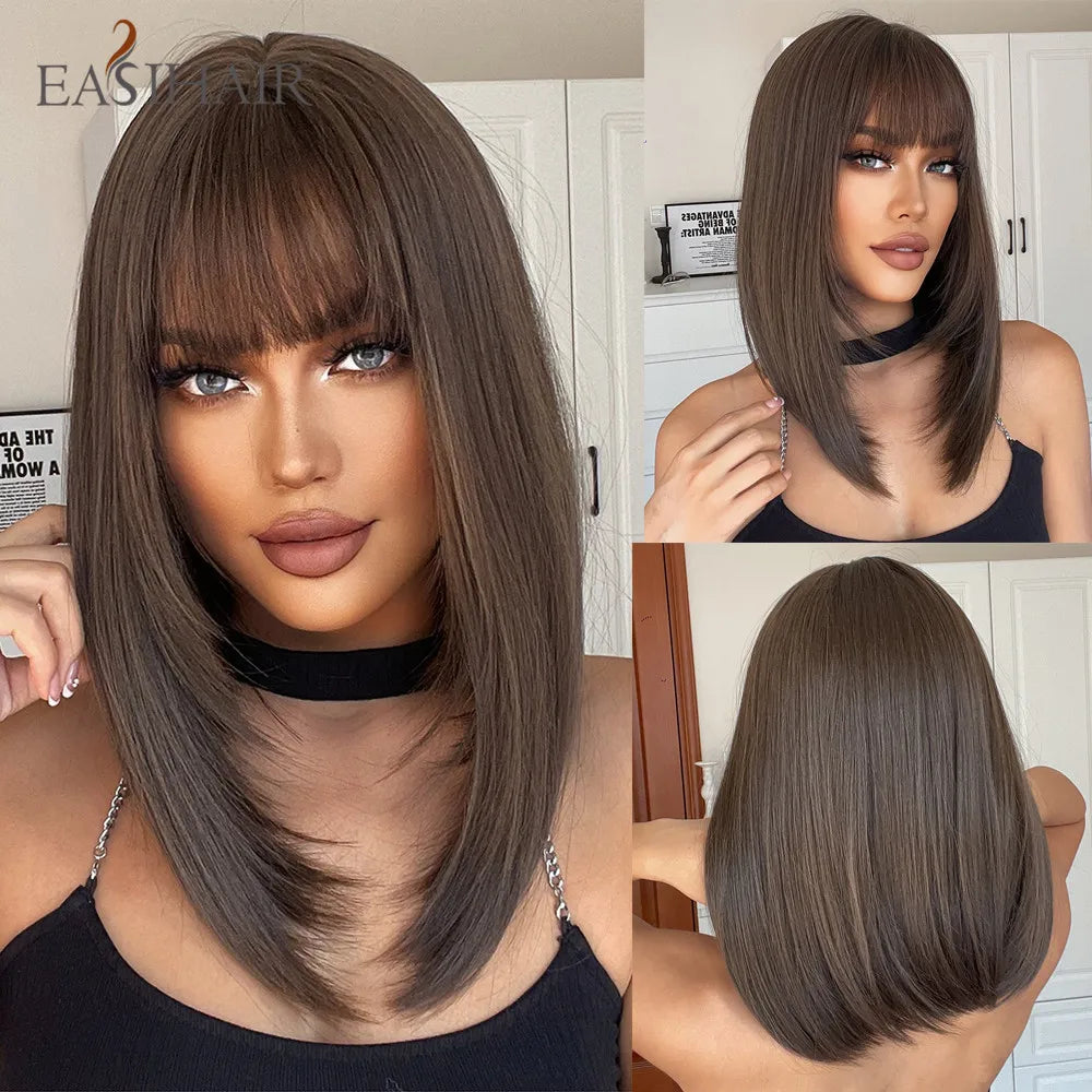 EASIHAIR Copper Ginger Synthetic Wigs with Bangs Medium Length Straight Hair Wig for Women Daily Cosplay Natural Heat Resistant