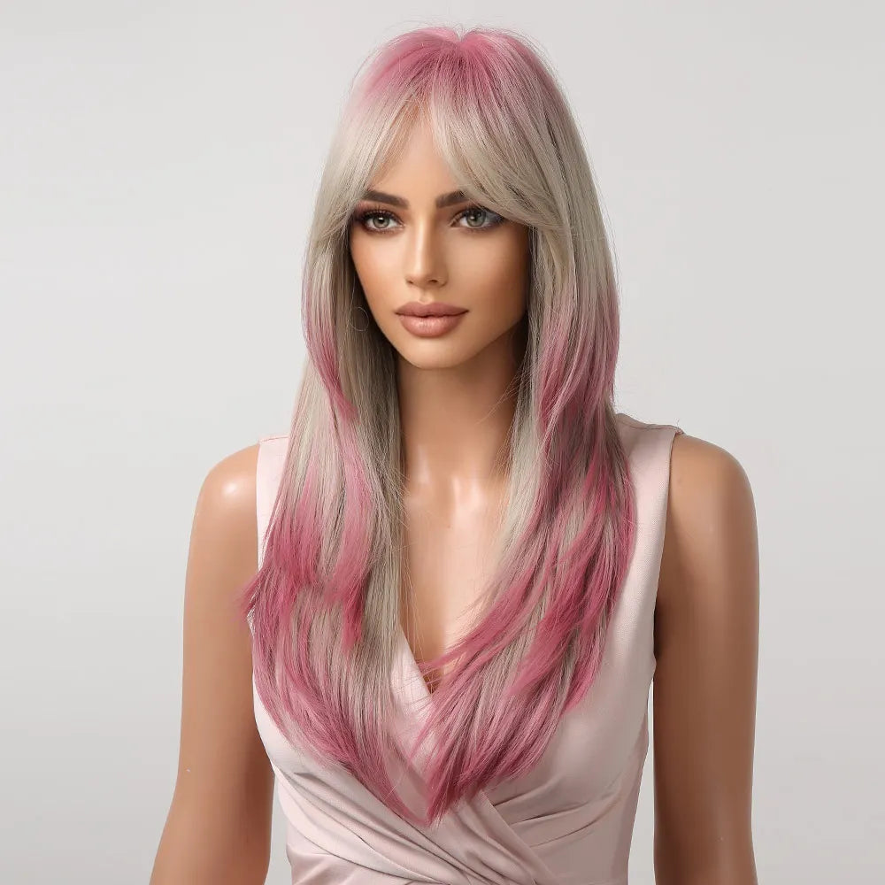 Gray Ash Blonde Pink Highlight Synthetic Hair Wigs with Bangs Long Straight Ombre Cosplay Wig for Women Natural Layered Hair