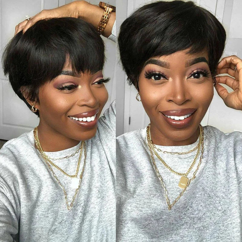 Layered Pixie Wig Human Hair For Black Women Full Machine Made Wigs With Bangs Short Bob Pixie Cut Brazilian Human Hair Wigs