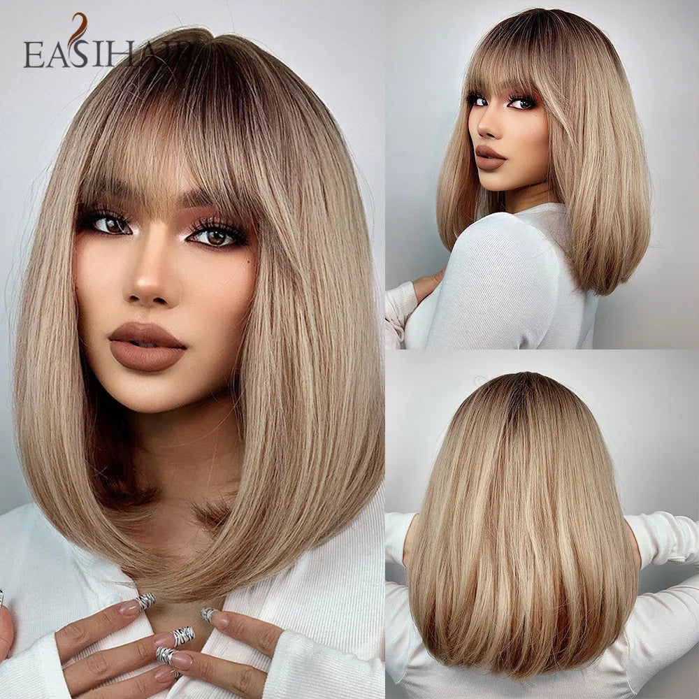 EASIHAIR Copper Ginger Synthetic Wigs with Bangs Medium Length Straight Hair Wig for Women Daily Cosplay Natural Heat Resistant