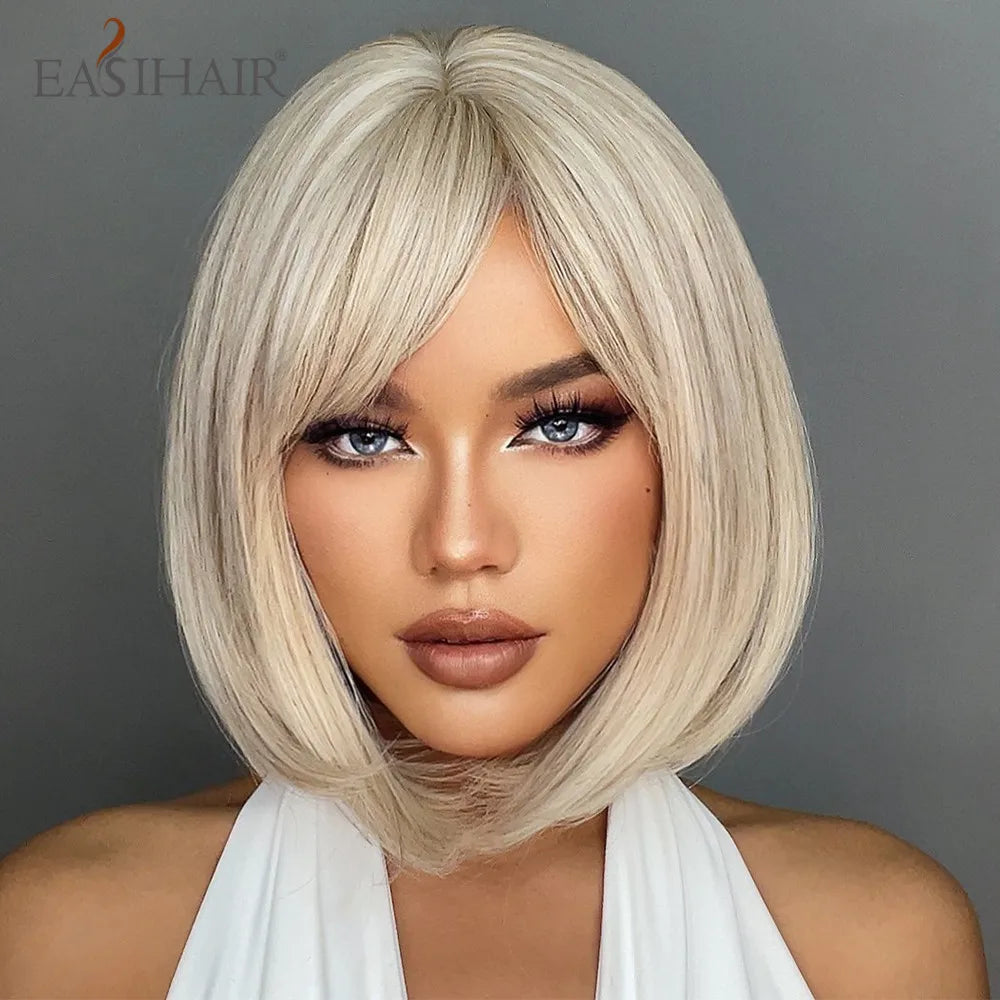 EASIHAIR Copper Ginger Synthetic Wigs with Bangs Medium Length Straight Hair Wig for Women Daily Cosplay Natural Heat Resistant