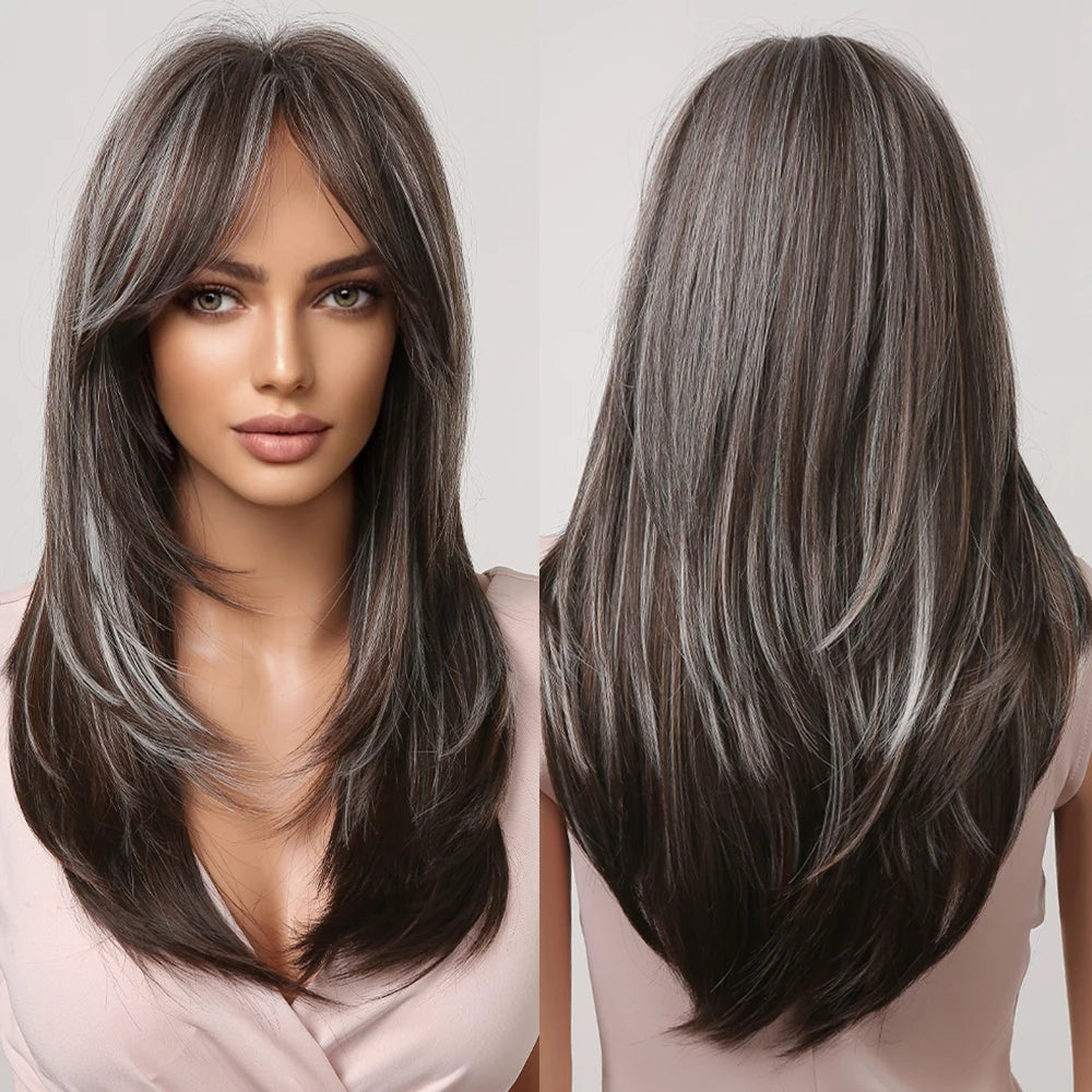 Gray Ash Blonde Pink Highlight Synthetic Hair Wigs with Bangs Long Straight Ombre Cosplay Wig for Women Natural Layered Hair