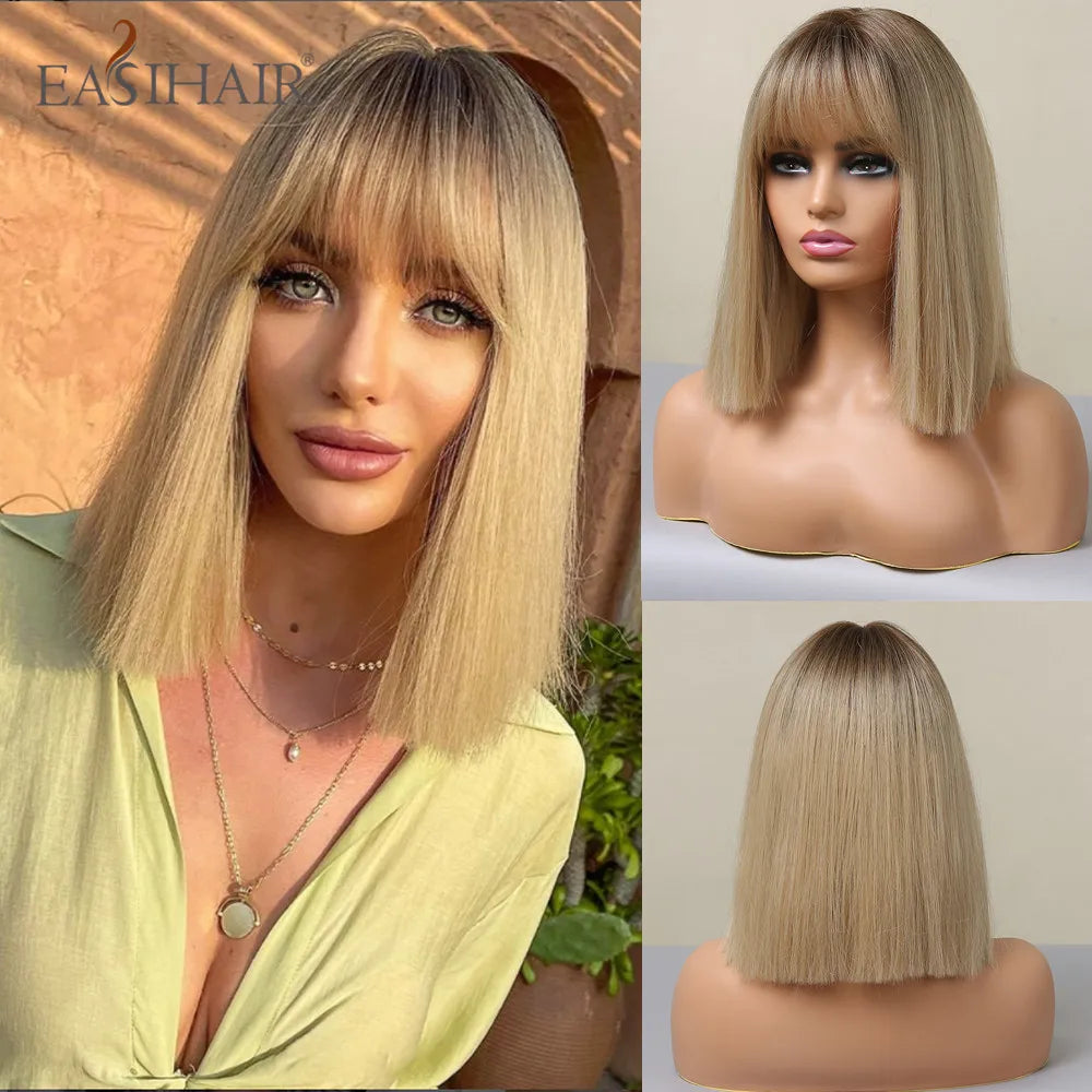 EASIHAIR Copper Ginger Synthetic Wigs with Bangs Medium Length Straight Hair Wig for Women Daily Cosplay Natural Heat Resistant