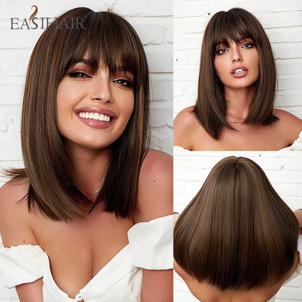 EASIHAIR Copper Ginger Synthetic Wigs with Bangs Medium Length Straight Hair Wig for Women Daily Cosplay Natural Heat Resistant