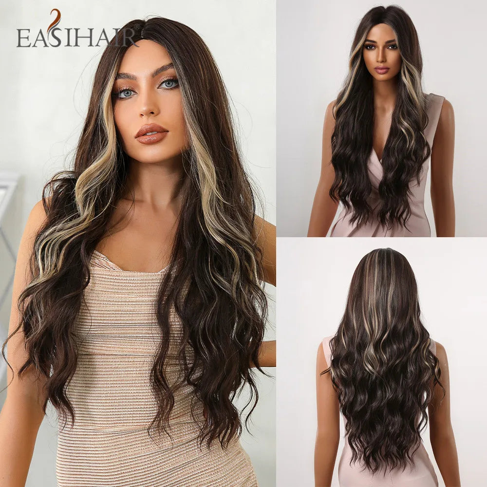 EASIHAIR Ash Blonde Wavy Cosplay Wigs with Bangs Natural Long Synthetic Hairs for Women Lolita Party Heat Resistant Fibers Wig