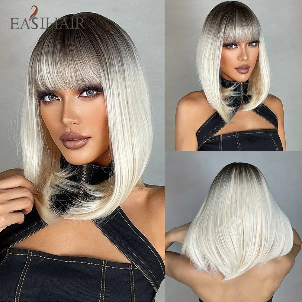 EASIHAIR Copper Ginger Synthetic Wigs with Bangs Medium Length Straight Hair Wig for Women Daily Cosplay Natural Heat Resistant