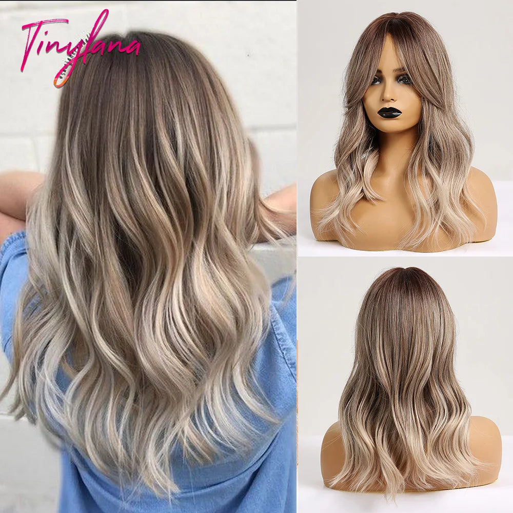 Rose Blonde Brown Short Bob Synthetic Wigs with Bangs Ash Blonde Natural Loose Wave Wig for Women Cosplay Heat Resistant Hair