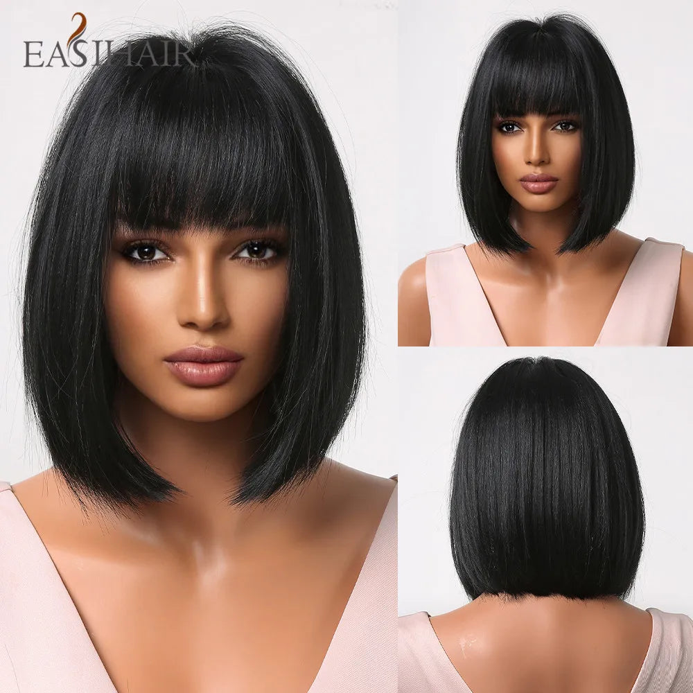 EASIHAIR Copper Ginger Synthetic Wigs with Bangs Medium Length Straight Hair Wig for Women Daily Cosplay Natural Heat Resistant