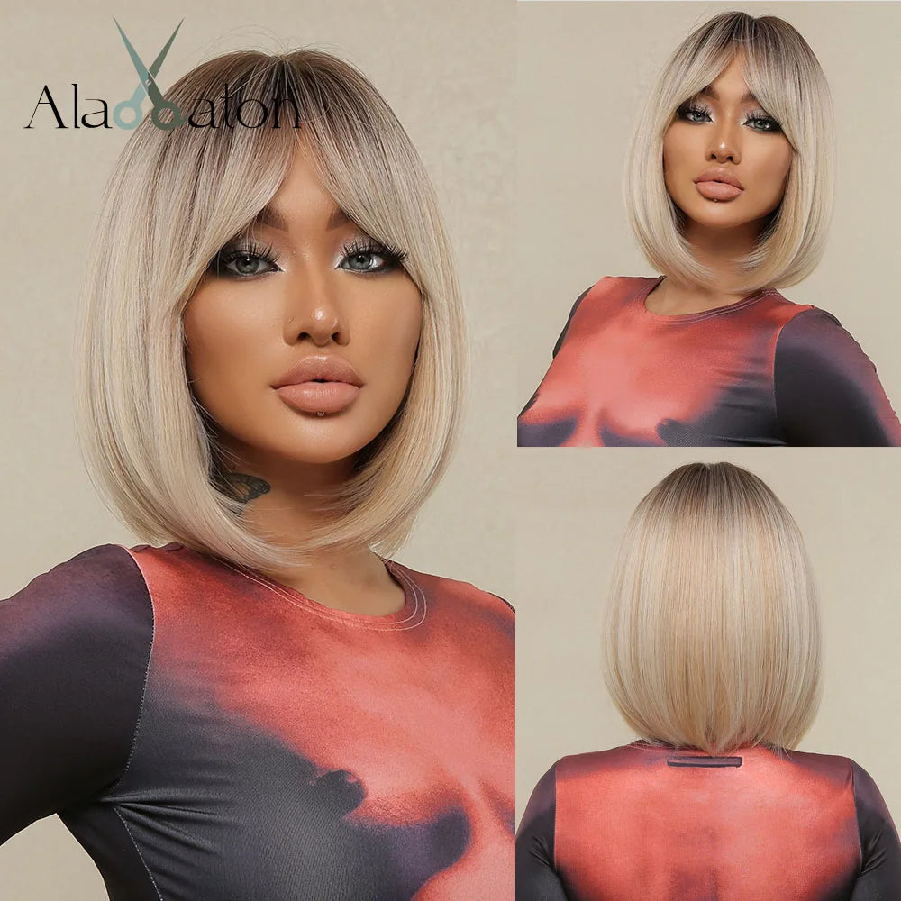 ALAN EATON Platinum Blonde Synthetic Wigs for Women Hihlight Short Straight Bob Wig with Bangs Daily/Party Hair Heat Resisitant
